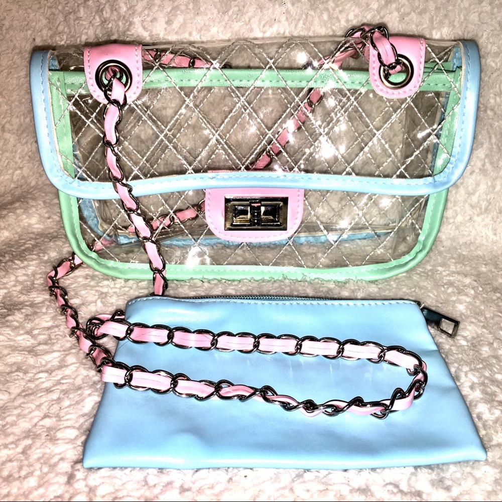 CLEAR OR TRANSPARENT WITH PINK & MINT TRIM HANDBAG - Picture 3 of 8